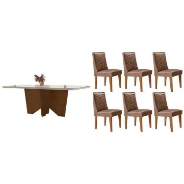 Imagem de Conjunto Sala de Jantar Nevada c/ Tampo Madeirado c/ Vidro Canto Curvo 180x90cm e 6 Cadeiras Dafne Madeira Maciça Naturale/Off White - Capuccino/Coran