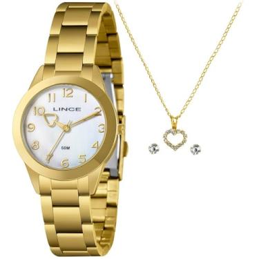 Imagem de Relógio Feminino Dourado Lince Mostrador Champanhe com Ponteiro de Coração Kit Colar e Brincos LRG4844L34 K0KN
