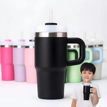 Imagem de Mini Copo Térmico Pequeno 420Ml Com Canudo Alça Ta Preto