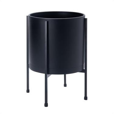 Imagem de D'vine Dev Vaso de vaso preto de 25 cm com suporte – Vaso de flores de cilindro de plástico moderno com suporte de metal resistente para plantas de interior, 55-D-B-2