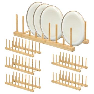 Imagem de TKSDWBLTY 6 peças de bambu escorredor de pratos de bambu rack de prato multifuncional organizador de tampa de panela fácil de usar rack de armazenamento de tigela e prato prático escorredor de pratos