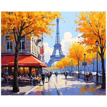 Imagem de DecorFriday Kit de pintura por números de rua de Paris com Torre Eiffel para adultos - Pintura de paisagem urbana DIY em tela 40,6 x 50,8 cm, conjunto de tinta acrílica para arte de parede ou presente
