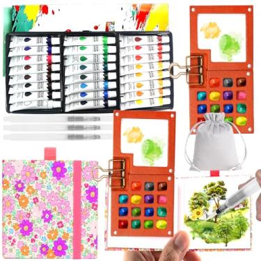 Imagem de Mini conjunto de tintas de aquarela portátil para viagem e bolso paleta de tinta de madeira com clipe de metal, conjuntos de tintas de tinta de água de 24 cores com caderno de desenho e caneta de água