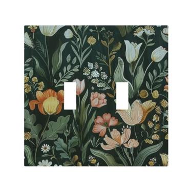 Imagem de DWBGUO Capa decorativa de placa de interruptor com design rústico de tulipas de folha de planta verde 2 gangs, placa de parede exclusiva com interruptor duplo de interruptor de luz dupla para