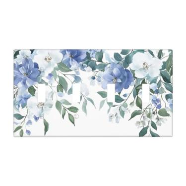 Imagem de JDAKHD Placa para interruptor de luz, vintage, botânica, floral, decorativa, quadriciclo, placa de parede, flores azuis e brancas, floral, 4 grupos, placa elétrica para decoração de casa, estilo