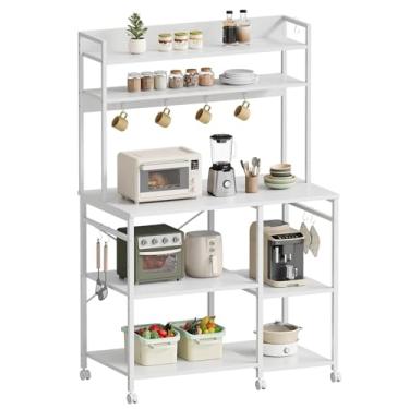 Imagem de YeTom Rack de cozinha com armazenamento, suporte de micro-ondas com rodas, com prateleiras ajustáveis, prateleiras de cozinha, cafeteria com 10 ganchos em forma de S, 90 x 40 x 160 cm, branco