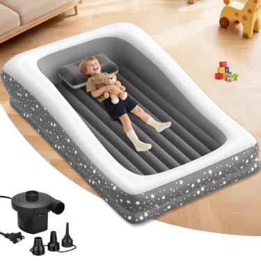 Imagem de Abdtech Cama inflável de viagem infantil – Colchão de ar macio para crianças pequenas com amortecedores para fácil de inflar e esvaziar – Cama de criança portátil para viagem de viagem – Cinza