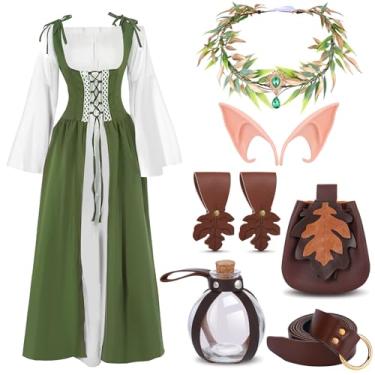 Imagem de AOKISK Fantasia Renascentista 7cs feminina - 4 minutos Quick Ren Faire fantasia de fada medieval vestido vitoriano para mulheres flor coroa elfo cinto de orelha saco de folha de bruxa garrafa saia de