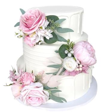 Imagem de Flores de seda rosa blush pré-fabricadas para decorações de bolos pastel rosa claro artificial peônia casamento topo de bolo decoração floral falso aniversário festa arranjos mesa