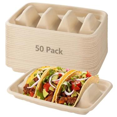 Imagem de Placas de suporte de taco de 3 compartimentos, 50 peças de pratos biodegradáveis de festa de taco com divisórias, placas de taco descartáveis para reuniões, catering, comida para viagem