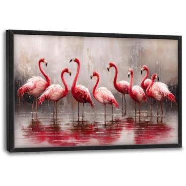 Imagem de Arte de parede grande para sala de estar flamingo tela decoração de parede rosa imagens tropicais impressões grandes decorações emolduradas para escritório quarto banheiro 91,4 cm x 61 cm