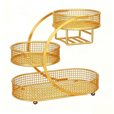 Imagem de ＫＬＫＣＭＳ Cesto de frutas, suporte para pão, moderno, com 3 níveis, para armazenar frutas e vegetais, ideal para lanches em casa ou na sala de, Ouro