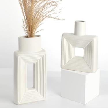 Imagem de Vasos pampas minimalistas modernos para sala de estar, quarto e entrada, vasos de flores de cerâmica quadrados brancos, centros de mesa para decoração de mesa, 2 peças de vasos decorativos boho