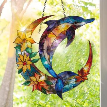 Imagem de Apanhador solar de acrílico colorido, decoração de janela suspensa de golfinho com design de vitral impresso, apanhador de sol, arte de parede de arco-íris, ornamentos de Natal para uso interno e