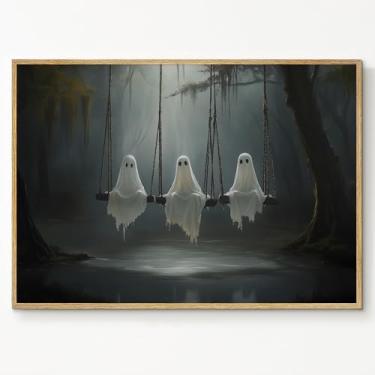 Imagem de Arte de parede em tela fantasma Halloween pintura mística fantasma em um balanço Pôster Moody Spooky Print Pintura gótica arte floresta assombrada Dark Academia Poster Halloween Estética Decoração