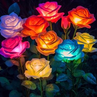 Imagem de Kit Com 6 Luminárias Solares Externas Em Formato De Flor Com 30 Rosas Artificiais Impermeáveis ​​e Reais, Iluminação Decorativa Para Jardim, Pátio, Quintal, Gramado, Caminho E Quintal(Mixed)