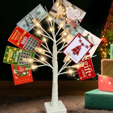 Imagem de Árvore de cartão de presente – Árvore de dinheiro de 2 m com 12 clipes, alimentada por bateria/USB, 24 LEDs brancos quentes, visor iluminado de bétula para cartões de presente, fotos – Natal
