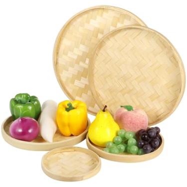 Imagem de Conjunto de bandeja de servir de bambu de 3 peças, cestas redondas de frutas tecidas à mão para armazenamento de alimentos, cestas decorativas para pendurar na parede, ideal para organização doméstica