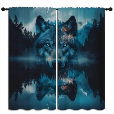 Imagem de Cortinas blecaute lobo para meninos meninas quarto decoração de casa, vida selvagem floresta enevoada céu estrelado montanhas arte abstrata isolamento térmico bolso varão escurecimento cortinas de