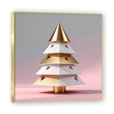 Imagem de Moldura dourada. Arte moderna de presente de Natal, arte geométrica de árvore rosa empoeirada e dourada, tela emoldurada pronta para pendurar para uma casa de férias elegante. A23. 60 x 60 cm - 23,6 x