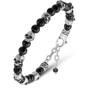 Imagem de RTZN Pulseira de caveira masculina – Pulseira de obsidiana preta artesanal premium – Pulseira masculina memento Mori ajustável com contas de 6 mm (caveira), One Size, Pedra preciosa, Sem Pedra