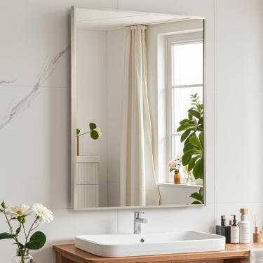 Imagem de JENBELY Espelho de banheiro de níquel escovado, espelho retangular de 61 cm x 91 cm, espelho escovado, espelho quadrado de canto com moldura de metal, espelho montado na parede para moderno, sala de