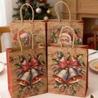 Imagem de 4 peças de saco de papel Kraft de Natal para presente, série Papai Noel, embalagem de presente