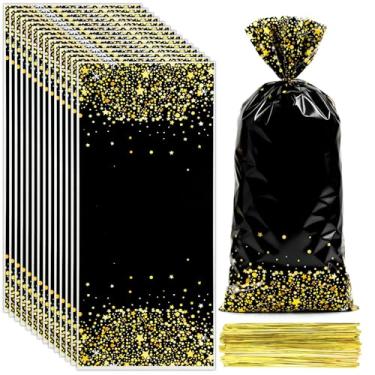 Imagem de Sacolas de lembrancinhas de festa em ouro preto, 200 peças, sacolas de petisco de ouro preto, de plástico, bolachas, doces, bolachas, presente para festas de fim de ano, com gravata dourada torcida