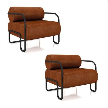 Imagem de Poltrona Sala De Estar Industrial Preto Kit 2 Ameli Sintético Pu K01 - D`rossi Cor Marrom