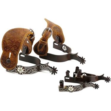 Imagem de Jeereal Esporas masculinas antigas ocidentais com tiras de espora, acabamento em prata alemã gravada, pulseira de ferro de 9,5 cm, haste de 6 cm