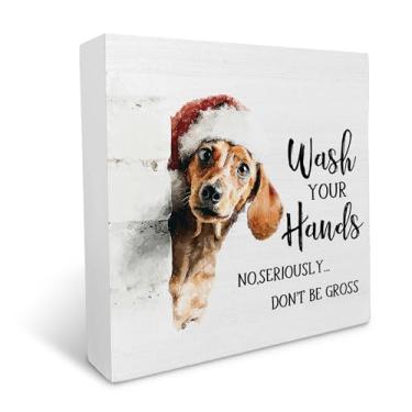 Imagem de KU-DaYi Placa de madeira engraçada para banheiro de cachorro dachshund de Natal, lave suas mãos, caixa de madeira Weiner para banheiro, banheiro, placa de bloco de madeira, decoração de prateleira, 12