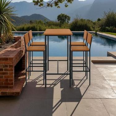Imagem de Conjunto Mesa Varanda Conjunto Bistrô Alta 4 Banquetas Ideal para Churrasco Estrutura em Ferro Ultra Resistente Tampo em Madeira Maciça Suporta 200kg (Mesa 100x50-4 Banquetas)