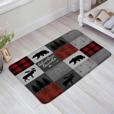 Imagem de YSSFAV Tapete de banho rústico para cabana urso veado alce acampamento chalé caça xadrez vermelho xadrez espuma de memória banheiro cozinha quarto sala de estar tapete macio, 45 x 75 cm