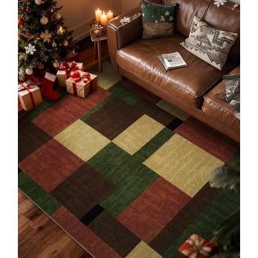 Imagem de YIHOUSE Tapete vermelho e verde 7 x 12 cm, bordô, vintage, lavável para sala de estar, laranja queimado, antiderrapante, geométrico, boêmio, para cozinha, sala de jantar, quarto