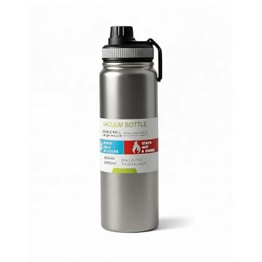Imagem de Garrafa Térmica de Aço Inoxidável 304-1000ml, Isolamento a Vácuo Duplo, Mantém Frio por 24h/Quente por 6h, Alça Portátil Sem Vazamentos, Ideal para Ao Ar Livre, Ginásio e Escritório (Prata)