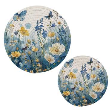 Imagem de Blueangle 2 peças de suporte de panela de borboleta de flor - conjunto de pegadores de panela de tecido redondo - almofadas quentes trançadas de algodão - porta-copos - tapetes de mesa para cozinhar e
