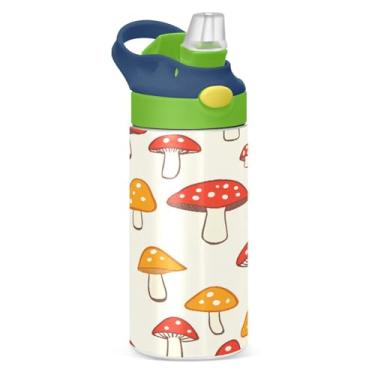 Imagem de Blueangle Garrafa de água de cogumelos selvagens isolada de aço inoxidável de 350 ml com tampa de canudo - Garrafa esportiva reutilizável à prova de vazamento para viagens, ao ar livre (505)