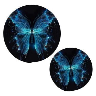 Imagem de Blueangle 2 peças de suporte de panela triangular de borboleta azul - conjunto de pegadores de panela de tecido redondo - almofadas quentes trançadas de algodão - porta-copos - tapetes de mesa para