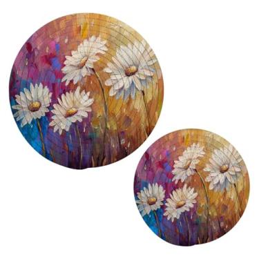 Imagem de Blueangle 2 peças de suporte de panela para pintura a óleo de margaridas - conjunto de pegadores de panela de tecido redondo - almofadas quentes trançadas de algodão - porta-copos - tapetes de mesa
