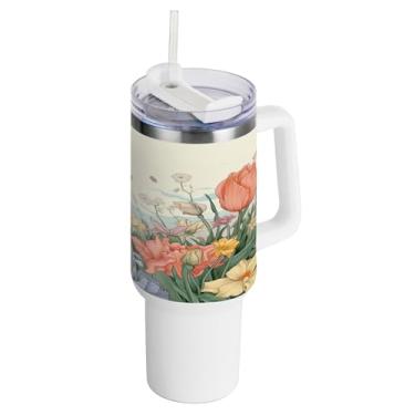 Imagem de xigua Copo vintage de flores silvestres de 1,134 g com alça e canudo, aço inoxidável duplo isolado a vácuo garrafa de água suporte de copo de garrafa de água amigável à prova de vazamento copo de