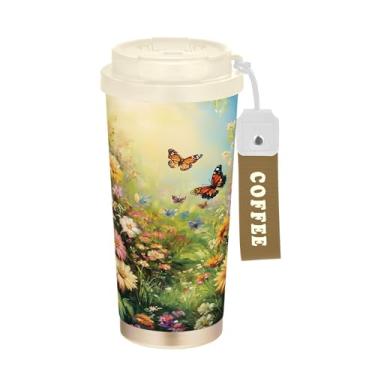 Imagem de SEHANY Caneca de viagem borboleta e flores de 482 ml Copos de café reutilizáveis revestidos de cerâmica com tampa à prova de vazamento, parede dupla, isolamento a vácuo, copo de café de aço inoxidável
