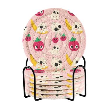 Imagem de GakkiGii Conjunto de 6 porta-copos redondos absorventes de padrões de Halloween fofos com suporte, porta-copos de tecido para mesa de centro, bar, decoração de cozinha