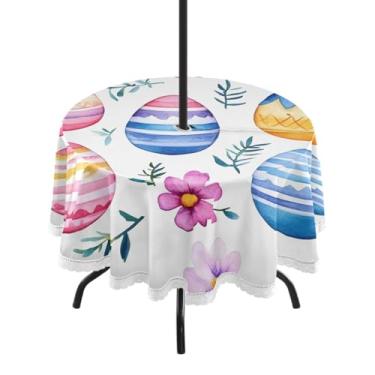 Imagem de Blueangle Toalha de mesa redonda impermeável com ovos coloridos de Páscoa de 152 cm com orifício para guarda-chuva - Tecido resistente à prova de sol para todos os climas para pátio, acampamento