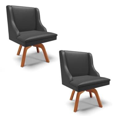 Imagem de Kit 2 Cadeiras Estofadas Para Sala De Jantar Base Giratória De Madeira Lia Sintético Preto - Ibiza
