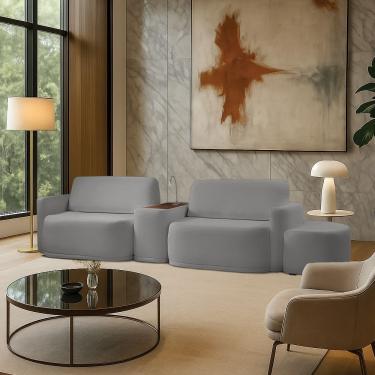 Imagem de Sofá Sala Modulado 319cm Com Puff Console Usb Luminária Brumma Bouclê K01 - D'rossi Cor Cinza