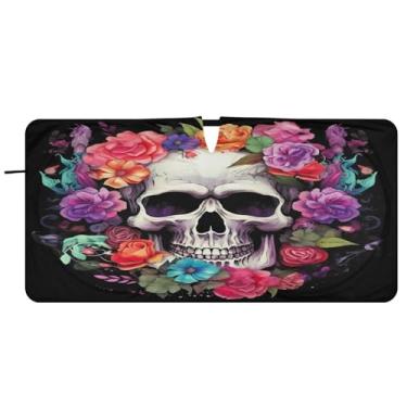 Imagem de Blueangle Para-brisa de caveira de flor - 149.9 cm x 76.2 cm dobrável carro janela dianteira para-sol blocos raios UV viseira de sol (689)