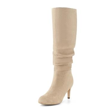 Imagem de Shoe'N Tale Botas femininas de camurça na altura do joelho, bico redondo, com salto alto, salto gatinho para uso elegante e versátil, Caqui, 37