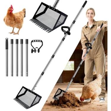 Imagem de Pá de cocô de galinha e ancinho 2 em 1 de metal 25,4 cm Pá de peneirar cocô de galinha extralonga com aderência (22 a 190,5 cm) Ferramentas de limpeza de galinheiros de aço inoxidável para galinheiros