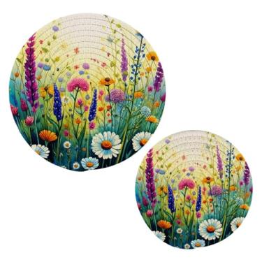 Imagem de Wassud Conjunto de trivet de flores silvestres vibrantes para pratos quentes, suportes redondos de algodão, almofadas quentes, porta-copos resistentes ao calor para decoração de cozinha, bancada, 2