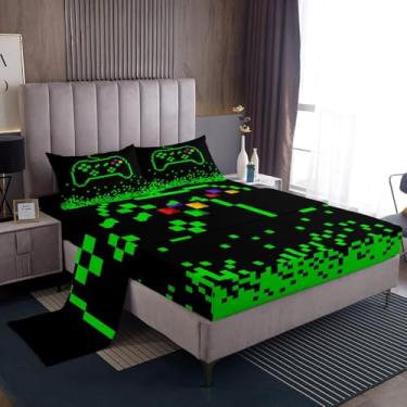 Imagem de Castle Fairy Jogo de cama casal, jogo de videogame, 4 peças, para decoração de quarto de crianças, meninas, meninos, adolescentes, bloco verde neon, lençol de cima, moderno, preto, 2 fronhas